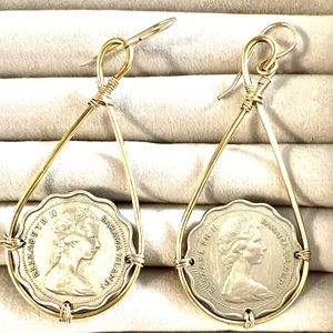 Large genuine coin earrings gold wire wrapped design. Price firm